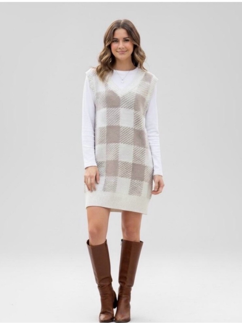 Abercrombie & Fitch Plaid Sweater Vest Dress Size M Cream Taupe Oversized Preppy